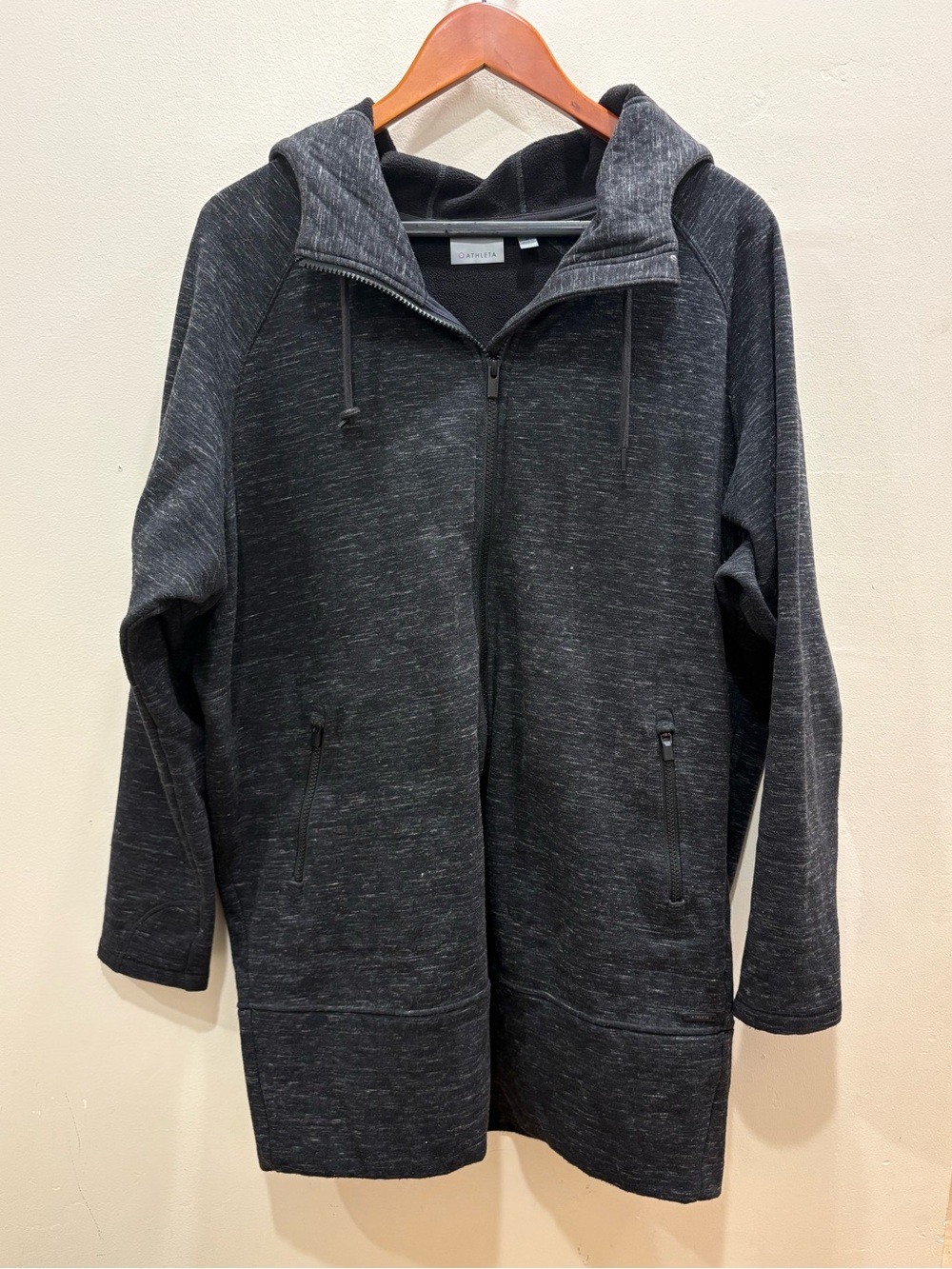 Athleta Stronger CYA Long Hoodie Jacket Large Black Full Zip Fleece Lined